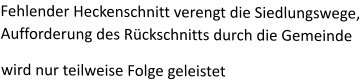 Fehlender Heckenschnitt verengt die Siedlungswege,Aufforderung des Rückschnitts durch die Gemeinde  wird nur teilweise Folge geleistet