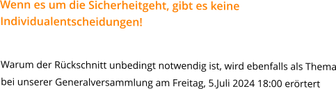 Wenn es um die Sicherheitgeht, gibt es keineIndividualentscheidungen! Warum der Rückschnitt unbedingt notwendig ist, wird ebenfalls als Themabei unserer Generalversammlung am Freitag, 5.Juli 2024 18:00 erörtert